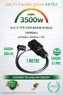 Aryes 2'li 1 Metre 3x2.5 TTR Tam Bakır Kablolu Kauçuk Fiş Priz Uzatma Kablosu