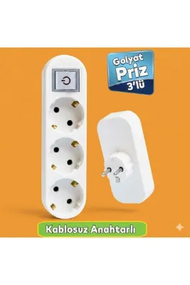Neler Geldi Neler BEYAZ 3'lü Grup Priz Golyat Anahtarlı Düğmeli Fiş Priz Topraklı Çoklu Çoğaltıcı Kablosuz Üçlü Piriz