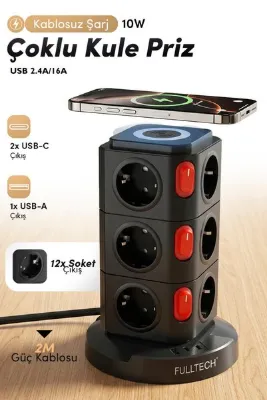Fulltech FTR-15 Power Tower Dikey Priz | 12’li Çoklu Soket, 10W Kablosuz Şarj, 3680W Güç, USB Çıkışl
