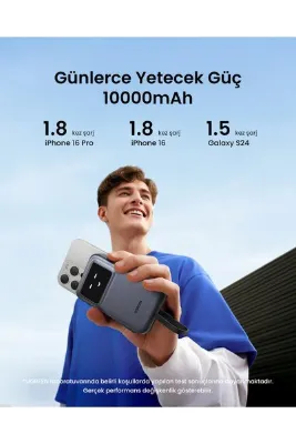 Ugreen Uno Dahili Kablolu 10.000 mAh 30W Hızlı Şarj Powerbank, Siyah, 35603B