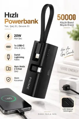 CROW'S TECH 5000 mAh Powerbank 20W PD Hızlı Şarj Dahili Lightning Kablolu USB-C Taşınabilir Şarj Cihazı