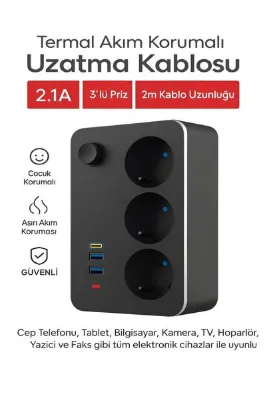 ÇELİKWORK Elektrikli Sigortalı Akım Korumalı 3’lü Priz Uzatma Kablosu – 2 USB, 1 PD Type-C, 2 Metre Kablo