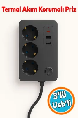 NZB Çocuk Akım Korumalı Topraklı Golyat Grup Şarj Fiş Priz 3 Prizli 3 USB Girişli 2 Metre Uzatma Kablosu