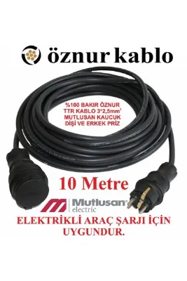 Mutlusan Evden Araç Şarj Uyumlu Kauçuk Fiş 10 Metre Öznur 3*2,5 Bakır Seyyar Kablo