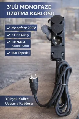 ByBuray Kapaklı 3’lü yüksek kalite Uzatma Kablosu – Monofaze H07RN-F Kauçuk Yanmaz Kablo