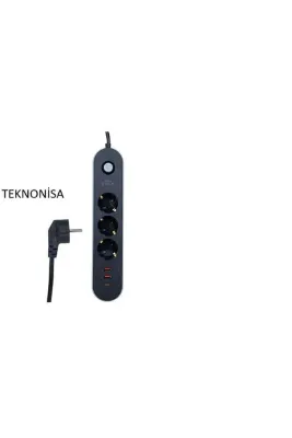 teknonisa 3'lü Priz 2 Metre Akım Korumalı 2xUSB 2xTYPE-250V 2500WATT