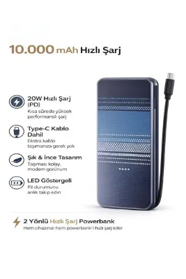 DEANB 10000mAh Karbon Stil Powerbank Dahili Type-C Kablo 20W Hızlı Şarj Taşınabilir Şarj Cihazı