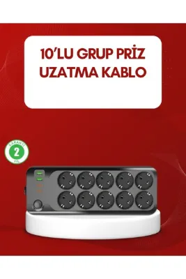 Mey İthalat® USB Type-C Destekli 10’lu Grup Priz Termal Korumalı 2m Kablo 2500W
