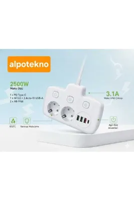 2500W Güçlü Akım Korumalı 3 USB + Type-C Portlu Çoklu Priz | Hızlı Şarj, Çocuk Kilidi, 850°C Yanmaz