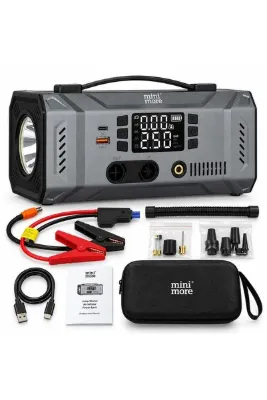 Mini More 2000A Akü Takviye Cihazı 12V, Hava Kompresörlü Vakum Üfleyicili 45W PD Çift LED Işıklı Powerbank Jump Starter