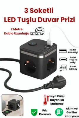 Yussraw Yeni 3680W Pro 2xtype-C ve 2x USB Girişli Anahtarlı 3lü Çoğaltıcı Küp 2mt Kablolu Akım Korumalı Priz