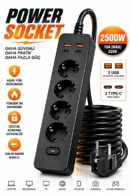 SAYMOND Pro Akım Korumalı Topraklı 4'lü Çoklu Priz 2 USB-C 2 USB-A Çıkışlı 2500W Anahtarlı Uzatma Prizi