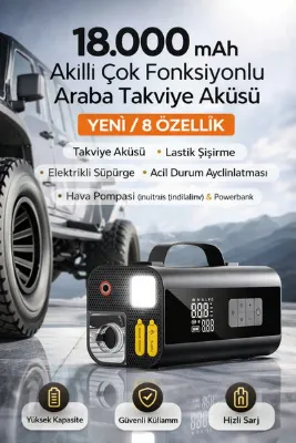 Qifit 18000 mAh Akıllı Çok Fonksiyonlu Araba Takviye Aküsü – Dijital Ekran, LED Işık, USB Çıkış