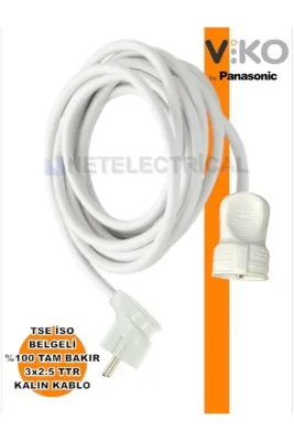 NETELECTRİCAL Tekli Seyyar Uzatma Kablosu - 3 Metre 3x2.5 Ttr Kalın Beyaz Kablo | Yan Erkek Fiş