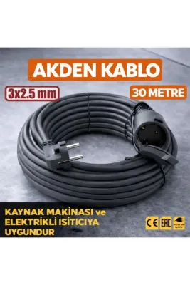 AKDEN Kablo 30 Metre 3x2,5mm Uzatma Kablosu Tam Kesit Kaynak Makinası Kullanıma Uygundur