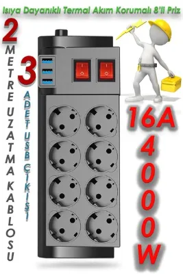 TECHNOMEN Isıya Dayanıklı Termal Akım Korumalı 2 Metre 16A 4000W 8li Priz ve 3 USB Li Uzatma Kablosu