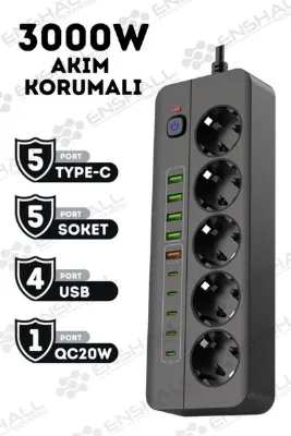 Enshall PRO P13 3000W Akım Korumalı 5 Girişli Type-c ve USB Girişli Uzatmalı Grup Priz SİYAH