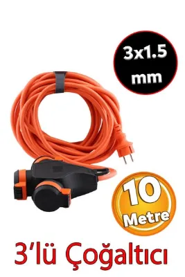 Badem10 Monofaze Çoğaltıcı Seyyar Topraklı 3'lü Grup Priz Fiş 10 Metre CCA Kablo Uzatma Kablosu 3x1.5 mm