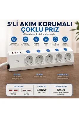 SMAYLİNG 5'li Akım Korumalı Çoklu Priz 2 Metre Kablolu 3680W 16A 5 Bağımsız Anahtarlı 2 USB-A 2 USB-C PD 20W Hızlı Şarj Destekli