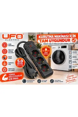 UFO 5 Metre Kurutma Makinesi Uzatma Kablosu 3x2,5 mm² Bakır Kablo 16A Topraklı Priz 3 lü akım korumalı anahtarlı grup priz (siyah) 1.sınıf kaliteli