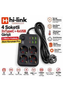 hi-link 4 Soketli 2xType-C +4xUSB Girişli 3 Metre Kablolu Akım Korumalı Priz