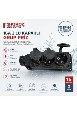 Horoz Elektrik Horoz Siyah 3lü Kapaklı Kauçuk Grup Priz IP44 Sertifikalı Su Geçirmez Dış Mekana Uygun 16 Amper