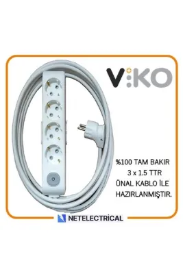 VİKO Multi-let Beyaz 4'lü 1 Metre Anahtarlı Topraklı Çocuk Korumalı Çoklu Grup Priz
