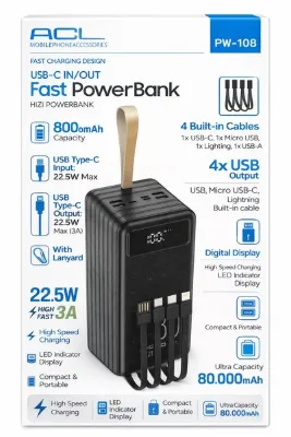 aetcr PW-108 80.000 mAh Powerbank 22.5W Hızlı Şarj - 4 Dahili Kablolu Taşınabilir Şarj Cihazı