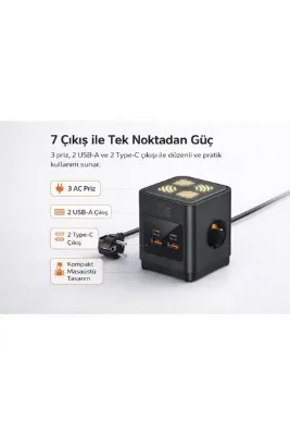 SMAYLİNG 3680W 3’lü Çoklu Priz 2 USB 2 Type-C Gece Işıklı Masaüstü Küp Priz Şarj İstasyonu