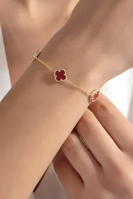 SARIASLAN Beyaz 5 Li Yonca Gümüş Bileklik 14 Ayar Altın Rengi