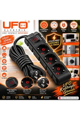 UFO Akım Korumalı Anahtarlı Kablolu Üçlü Grup Priz Siyah 1.5 Metre 3500w