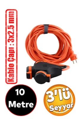 Badem10 Çoklu Uzatma Kablosu Cca 3x2.5 Mm Monofaze Çoğaltıcı Seyyar Topraklı 3'lü Grup Priz Fiş 10 Metre