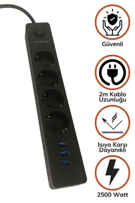 Buffer ® Termak Akım Korumalı 4 Priz 3 Usb Girişli Uzatma Kablosu Güç&şarj