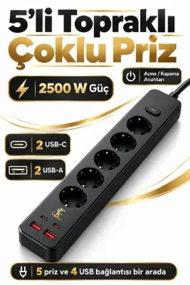 EN SİGA Pro Topraklı 5'li Çoklu Priz 2 USB-C 2 USB-A Çıkışlı 2500W Anahtarlı Uzatma Prizi