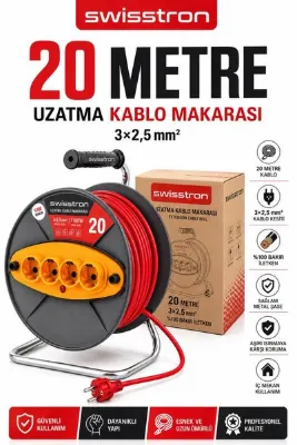 SwissTron 20 Metre 3x2,5 mm² Makaralı Uzatma Kablosu 4’lü Topraklı Prizli Seyyar Kablo Makarası Bakır Sargılı