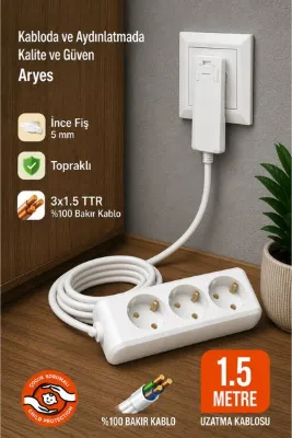 Aryes 3lü Beyaz Priz 1.5m İnce Fiş Uzatma Kablosu %100 Bakır Kablo Mobilya Arkası Kullanım