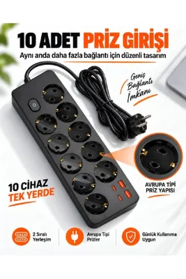 EN SİGA Pro Akım Korumalı Topraklı 10'lu Çoklu Priz 2 USB-C 2 USB-A Çıkışlı 2500W Anahtarlı Uzatma Prizi