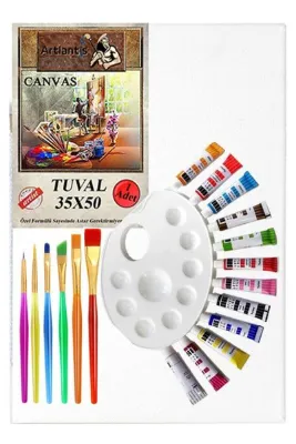 Artlantis Guaj Boya Hobi Boyama Seti 1 Paket 35x50 cm Tuval 12 li Guaj Boya Tüp Resim Paleti Fırça Seti 6 lı