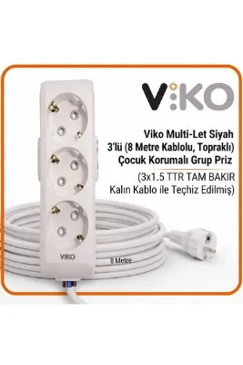 VİKO Multi-Let 3'lü Topraklı Priz 8 Metre 3x1.5 TTR Gerçek Bakır Kablolu Beyaz Grup Priz