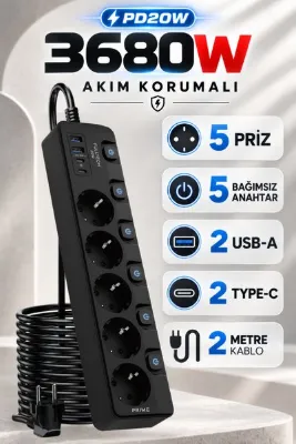 Enshall Yeni 3680W Pro Power Fultech 2xType-C ve 2x USB Girişli Anahtarlı 4lü 2mt Uzatma Kablolu Akım Korumalı Priz