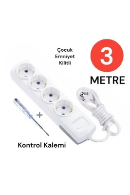 Tek-İş Grup Priz Topraklı 4 Lü 3 Metre + Kontrol Kalemi Çoklu Priz Seyyar Ara Kablo Uzatma Kablosu