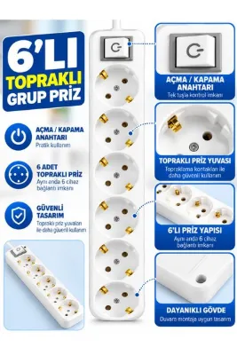 Janissary 6’lı Topraklı Anahtarlı Grup Priz – Beyaz Çoklu Priz Golyat Klemens