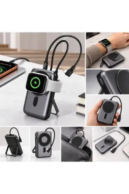 Nomker iPhone 18 Pro Max Uyumlu 3’ü 1 Arada Manyetik Kablosuz Şarjlı Powerbank – Akıllı Saat Şarjı, Dahili Type-C Kablo ve Stand Özellikli
