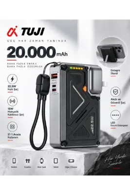 tuji 20.000 mAh 5'i 1 Arada MagSafe Uyumlu Powerbank – 22.5W Hızlı Şarj, 15W Manyetik Kablosuz Şarj, Entegre Standlı Taşınabilir Şarj Cihazı