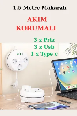 harry 3'Lü 1.5 Metre Makaralı Akım Korumalı 2500 Watt Çocuk Korumalı 3 Usb 1 Type c Girişli Üçlü Priz