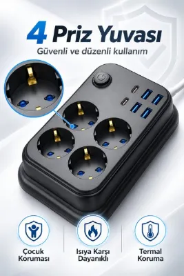 asua Akım Korumalı 4’lü Priz 2x USB-C 4x USB-A Şarj 2m Kablo Uzatma Çocuk Korumalı Çoklu Priz