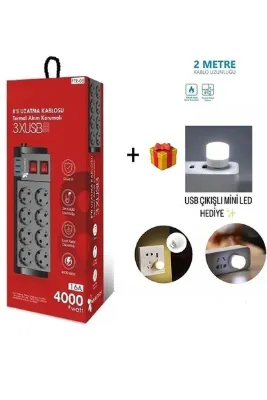 Fulltech Ftr-08 Termal Akım Korumalı 8li Uzatma Kablosu 3xusb 2 Mt Elektronik Ürünler Için Uygundur