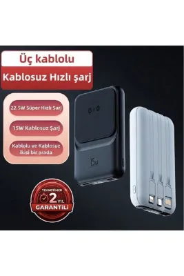 TEKNOTİMER 10.000 mAH 15w Kablosuz Kendinden Şarj Kablolu Süper Hızlı Şarj Taşınabilir Powerbank Siyah Renk