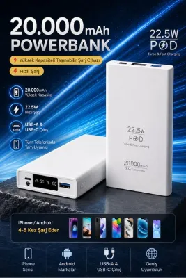 TEKNOAS İLETİŞİM 20000 mAh Powerbank Hızlı Şarj / 22.5W Taşınabilir Şarj Aleti Tüm Telefonlarla Uyumlu
