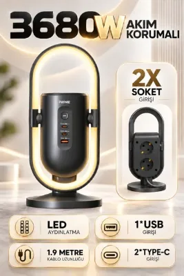 Enshall Akım Korumalı Fulltech FTR-39 Masaüstü Priz ve LED Aydınlatma, 2 Priz, 2x USB-C PD 20W, 1x USB-A QC 18W, 1050J Koruma, 3680W, 1.9 m Kablo